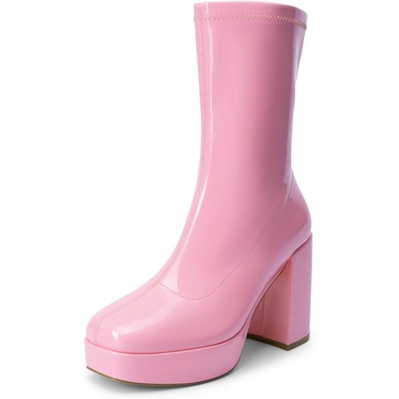 ⚡Dream Pair Women Pink Faux Leather Mid Calf Platform Block Heel Ankle Boot - Picture 1 of 7